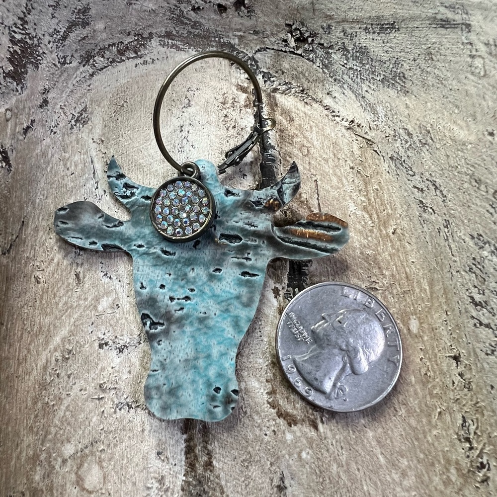 Rustic Western‎ Steer Dangle Earrings | Handmade Boho Cowgirl Blue Hook | NEW - Picture 5 of 5